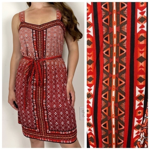 WHBM Red Labyrinth Print Chemise Dress Aztec Medium Tie Waist Cocktail Wedding - Picture 2 of 8